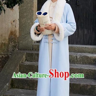 China Traditional Tang Suit Outer Garment National Woman Blue Woolen Dust Coat