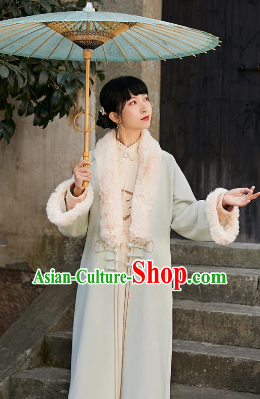 China Traditional Costume National Woman Light Green Woolen Dust Coat Tang Suit Outer Garment China Traditional Costume National Woman Light Green Woolen Dust Coat Tang Suit Outer Garment