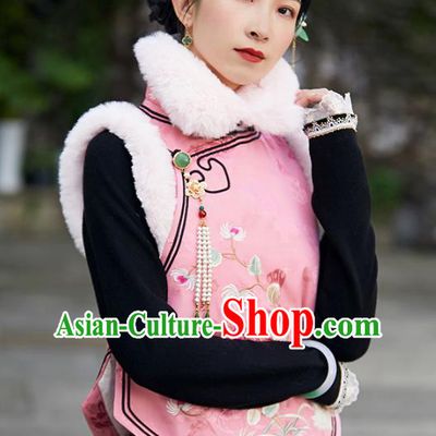 Chinese Traditional Embroidered Pink Silk Waistcoat Costume National Women Stand Collar Vest