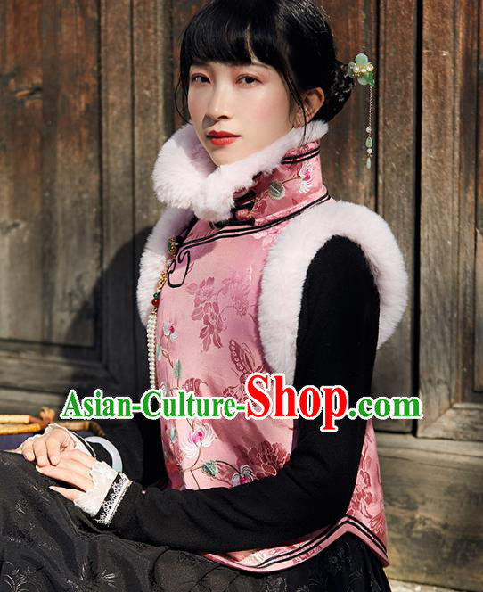 Chinese Traditional Embroidered Pink Silk Waistcoat Costume National Women Stand Collar Vest Chinese Traditional Embroidered Pink Silk Waistcoat Costume National Women Stand Collar Vest