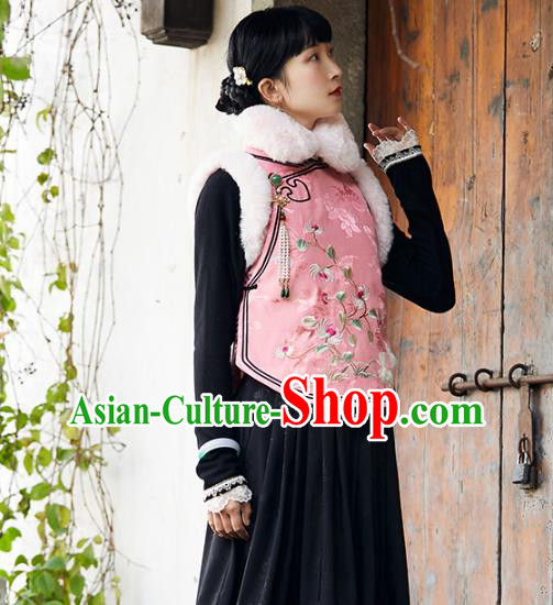 Chinese Traditional Embroidered Pink Silk Waistcoat Costume National Women Stand Collar Vest Chinese Traditional Embroidered Pink Silk Waistcoat Costume National Women Stand Collar Vest