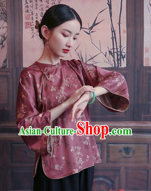 China Tang Suit Wide Sleeve Shirt Traditional Costume National Woman Wine Red Brocade Blouse China Tang Suit Wide Sleeve Shirt Traditional Costume National Woman Wine Red Brocade Blouse