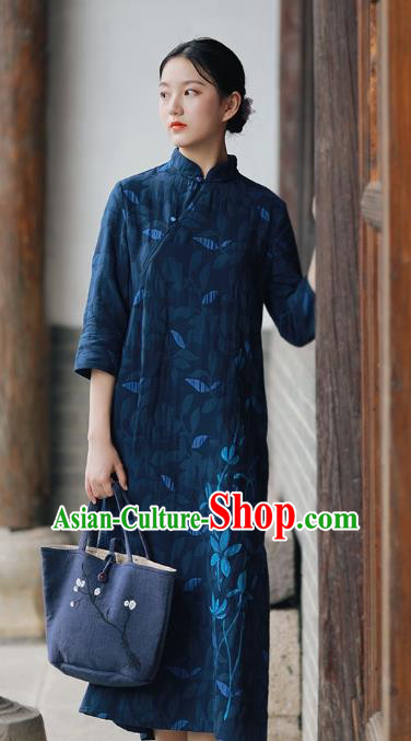 China National Hand Painting Navy Flax Qipao Dress Clothing Traditional Young Lady Cheongsam China National Hand Painting Navy Flax Qipao Dress Clothing Traditional Young Lady Cheongsam