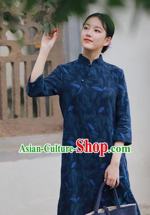 China National Hand Painting Navy Flax Qipao Dress Clothing Traditional Young Lady Cheongsam China National Hand Painting Navy Flax Qipao Dress Clothing Traditional Young Lady Cheongsam