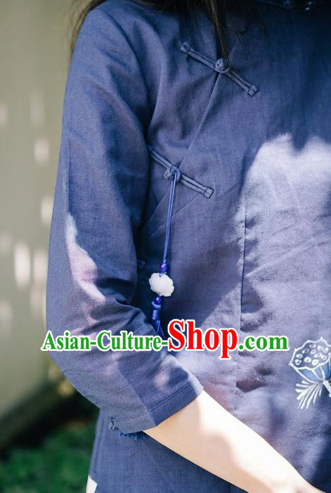 China Tang Suit Hand Painting Lotus Shirt Traditional Costume National Woman Navy Ramie Blouse China Tang Suit Hand Painting Lotus Shirt Traditional Costume National Woman Navy Ramie Blouse