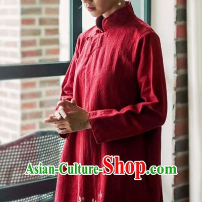 China National Hand Painting Red Flax Qipao Dress Clothing Traditional Young Lady Stand Collar Cheongsam