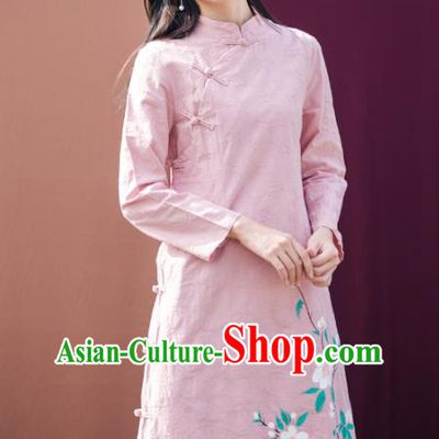 China National Young Woman Pink Flax Qipao Dress Clothing Traditional Hand Painting Peach Blossom Cheongsam