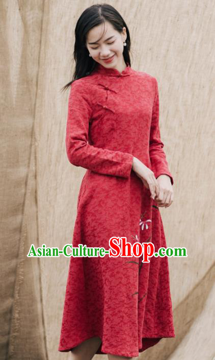 China National New Year Red Qipao Dress Clothing Traditional Hand Painting Orchids Cheongsam