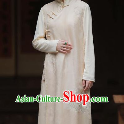 China National Embroidered Qipao Dress Clothing Traditional Young Lady Beige Organdy Cheongsam