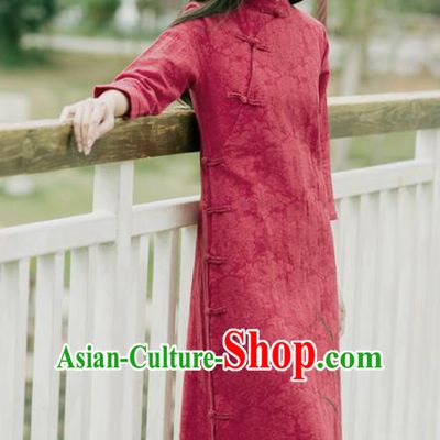 China National Young Lady Qipao Dress Clothing Traditional Red Flax Cheongsam