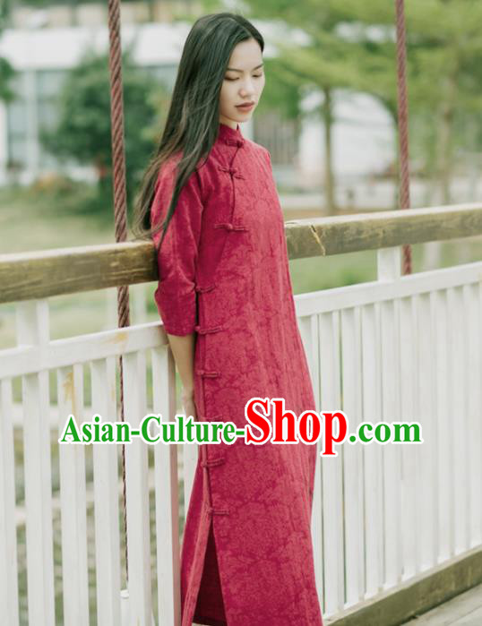 China National Young Lady Qipao Dress Clothing Traditional Red Flax Cheongsam China National Young Lady Qipao Dress Clothing Traditional Red Flax Cheongsam