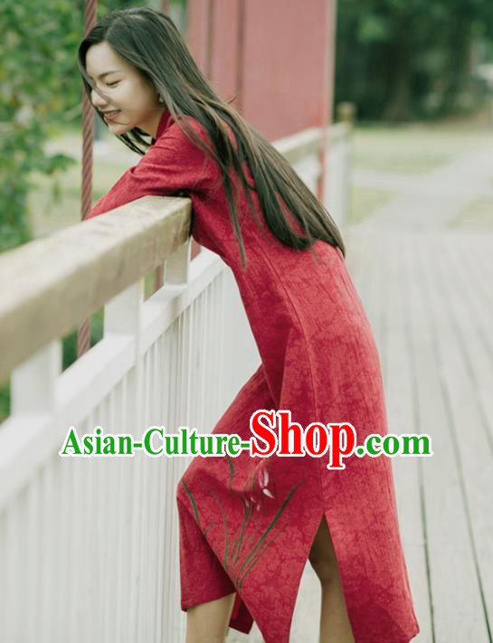 China National Young Lady Qipao Dress Clothing Traditional Red Flax Cheongsam China National Young Lady Qipao Dress Clothing Traditional Red Flax Cheongsam