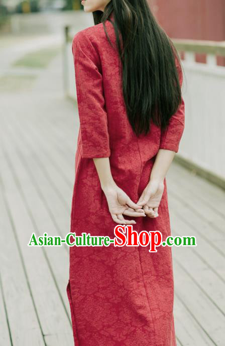 China National Young Lady Qipao Dress Clothing Traditional Red Flax Cheongsam China National Young Lady Qipao Dress Clothing Traditional Red Flax Cheongsam