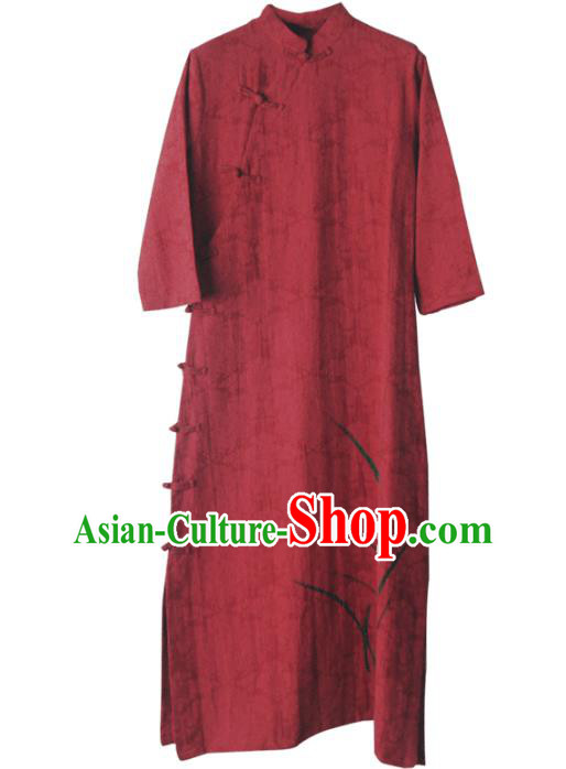 China National Young Lady Qipao Dress Clothing Traditional Red Flax Cheongsam China National Young Lady Qipao Dress Clothing Traditional Red Flax Cheongsam