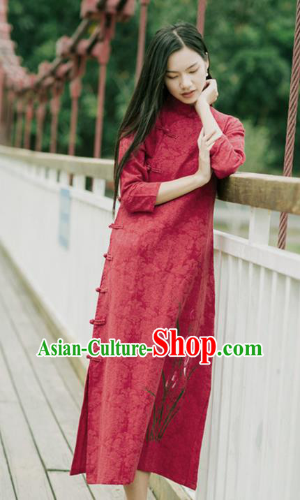 China National Young Lady Qipao Dress Clothing Traditional Red Flax Cheongsam China National Young Lady Qipao Dress Clothing Traditional Red Flax Cheongsam