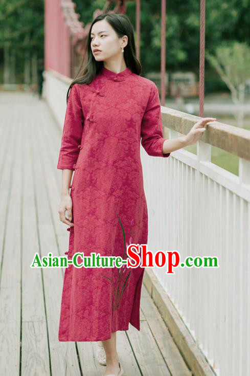 China National Young Lady Qipao Dress Clothing Traditional Red Flax Cheongsam China National Young Lady Qipao Dress Clothing Traditional Red Flax Cheongsam