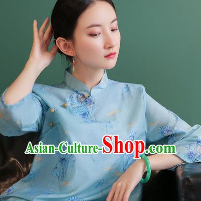 China Tang Suit Light Blue Shirt Traditional Printing Costume National Woman Slant Opening Blouse