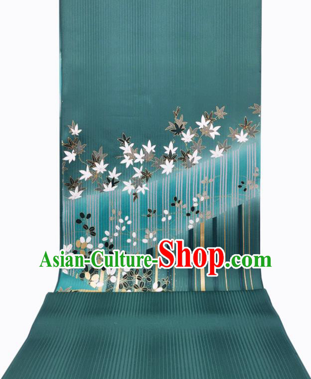 Asian Japan Traditional Maple Leaf Pattern Silk Fabric Japanese Kimono Tapestry Drapery Green Brocade Asian Japan Traditional Maple Leaf Pattern Silk Fabric Japanese Kimono Tapestry Drapery Green Brocade