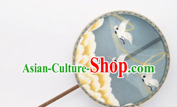 China Ancient Princess Blue Silk Fan Classical Embroidered Cranes Circular Fans Traditional Palace Fan China Ancient Princess Blue Silk Fan Classical Embroidered Cranes Circular Fans Traditional Palace Fan