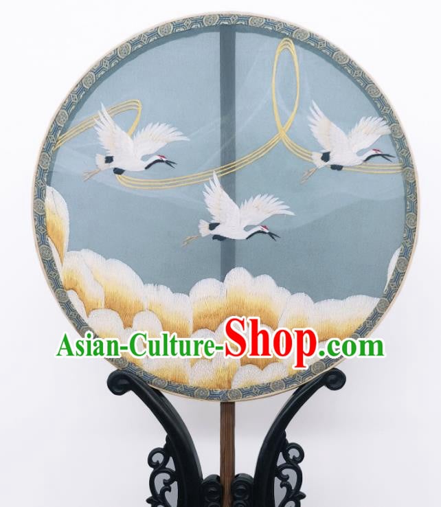 China Ancient Princess Blue Silk Fan Classical Embroidered Cranes Circular Fans Traditional Palace Fan China Ancient Princess Blue Silk Fan Classical Embroidered Cranes Circular Fans Traditional Palace Fan