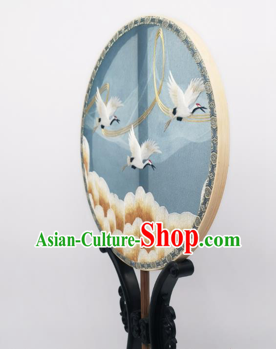China Ancient Princess Blue Silk Fan Classical Embroidered Cranes Circular Fans Traditional Palace Fan China Ancient Princess Blue Silk Fan Classical Embroidered Cranes Circular Fans Traditional Palace Fan