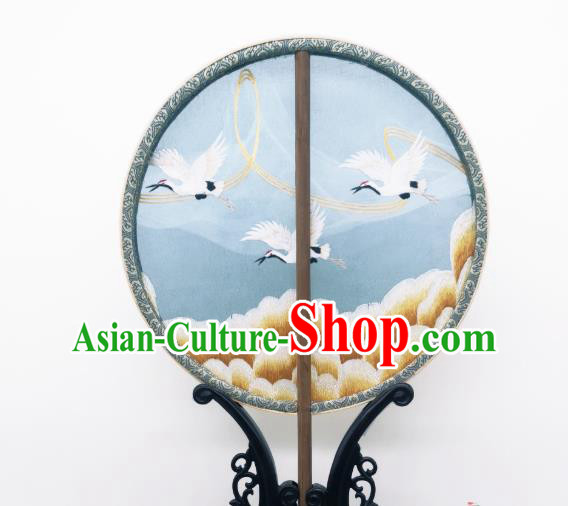 China Ancient Princess Blue Silk Fan Classical Embroidered Cranes Circular Fans Traditional Palace Fan China Ancient Princess Blue Silk Fan Classical Embroidered Cranes Circular Fans Traditional Palace Fan