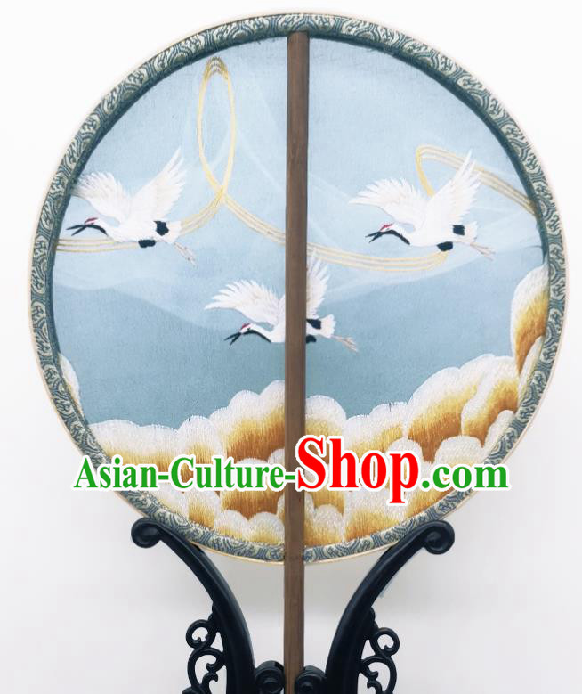 China Ancient Princess Blue Silk Fan Classical Embroidered Cranes Circular Fans Traditional Palace Fan China Ancient Princess Blue Silk Fan Classical Embroidered Cranes Circular Fans Traditional Palace Fan