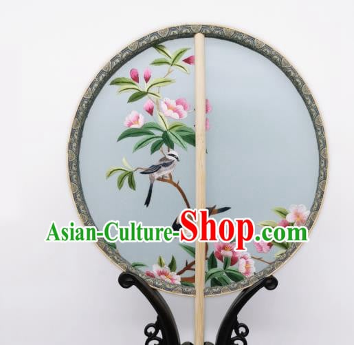 China Classical Embroidered Begonia Circular Fans Traditional Palace Fan Ancient Princess Blue Silk Fan
