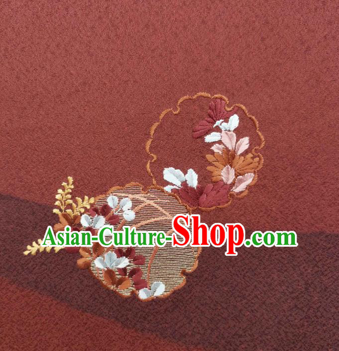 Asian Japanese Kimono Tapestry Drapery Embroidered Brownish Red Brocade Japan Traditional Silk Fabric Asian Japanese Kimono Tapestry Drapery Embroidered Brownish Red Brocade Japan Traditional Silk Fabric