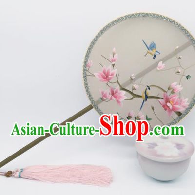 China Suzhou Embroidered Mangnolia Circular Fan Classical Silk Fan Traditional Hanfu Palace Fan