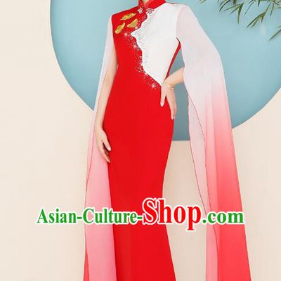 China Zither Stage Show Green Ao Dai Cheongsam Compere Clothing Modern Red Qipao Dress