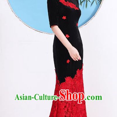China Stage Show Red Lace Fishtail Cheongsam Catwalks Black Velvet Qipao Dress Compere Clothing