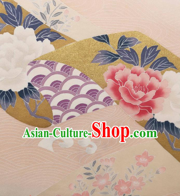 Asian Japan Classical Peony Pattern Beige Brocade Traditional Silk Fabric Japanese Kimono Cloth Drapery Asian Japan Classical Peony Pattern Beige Brocade Traditional Silk Fabric Japanese Kimono Cloth Drapery