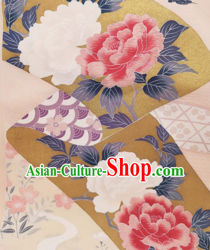 Asian Japanese Kimono Cloth Drapery Japan Classical Peony Pattern Beige Brocade Traditional Silk Fabric Asian Japanese Kimono Cloth Drapery Japan Classical Peony Pattern Beige Brocade Traditional Silk Fabric