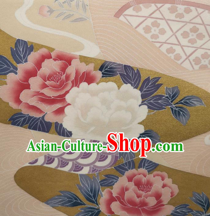 Asian Traditional Silk Fabric Japanese Kimono Cloth Drapery Japan Classical Peony Pattern Beige Brocade Asian Traditional Silk Fabric Japanese Kimono Cloth Drapery Japan Classical Peony Pattern Beige Brocade
