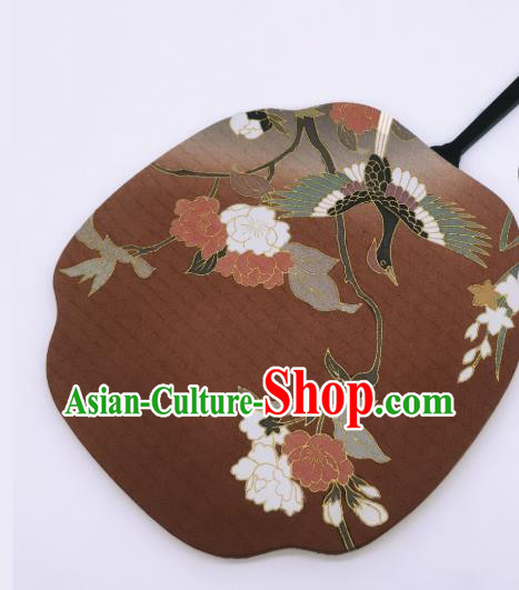 China Hand Painting Crane Flowers Palace Fan Brown Silk Fan Traditional Cheongsam Dance Fans