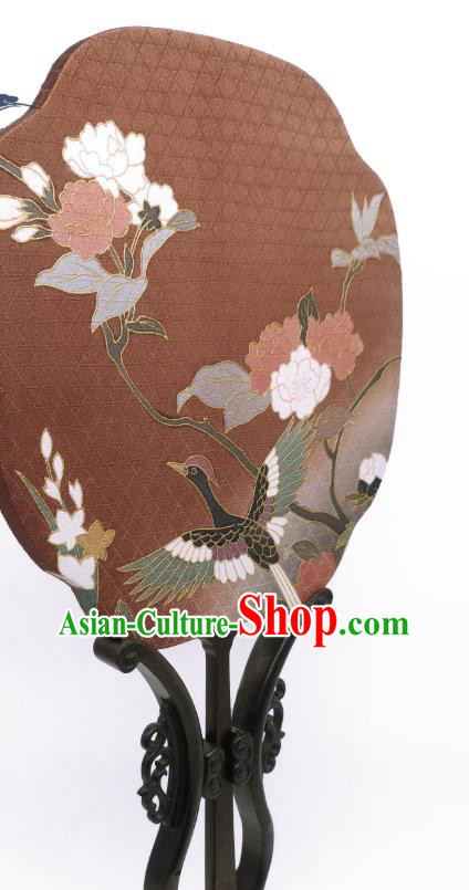 China Hand Painting Crane Flowers Palace Fan Brown Silk Fan Traditional Cheongsam Dance Fans