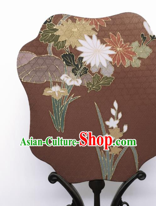 China Traditional Brown Silk Fan Cheongsam Dance Fans Hand Painting Orchids Chrysanthemum Palace Fan China Traditional Brown Silk Fan Cheongsam Dance Fans Hand Painting Orchids Chrysanthemum Palace Fan
