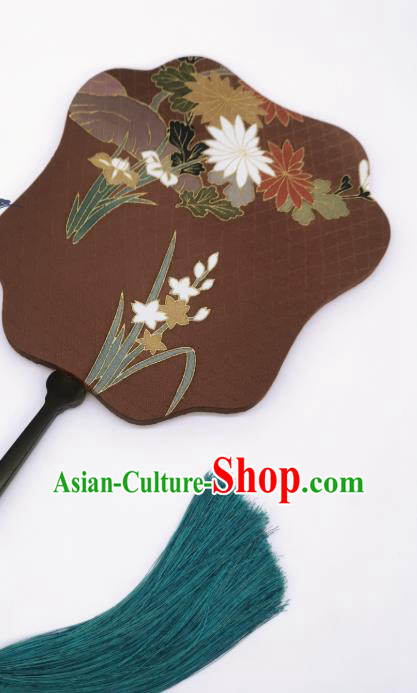 China Traditional Brown Silk Fan Cheongsam Dance Fans Hand Painting Orchids Chrysanthemum Palace Fan China Traditional Brown Silk Fan Cheongsam Dance Fans Hand Painting Orchids Chrysanthemum Palace Fan