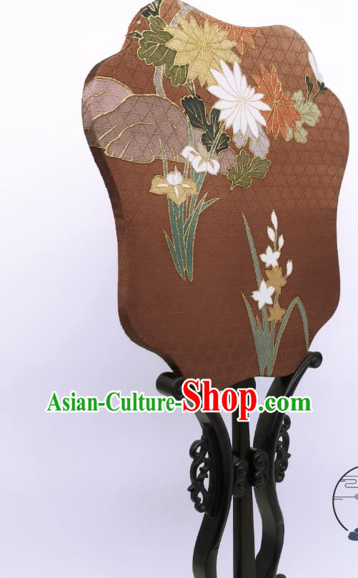 China Traditional Brown Silk Fan Cheongsam Dance Fans Hand Painting Orchids Chrysanthemum Palace Fan China Traditional Brown Silk Fan Cheongsam Dance Fans Hand Painting Orchids Chrysanthemum Palace Fan
