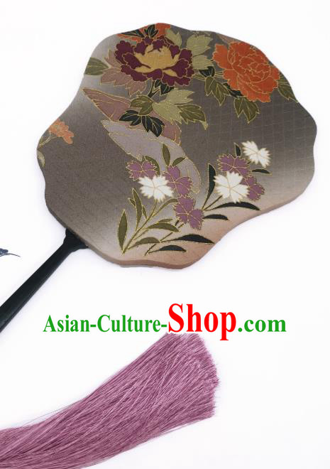 China Classical Cheongsam Dance Fans Hand Painting Peony Palace Fan Traditional Grey Silk Fan China Classical Cheongsam Dance Fans Hand Painting Peony Palace Fan Traditional Grey Silk Fan