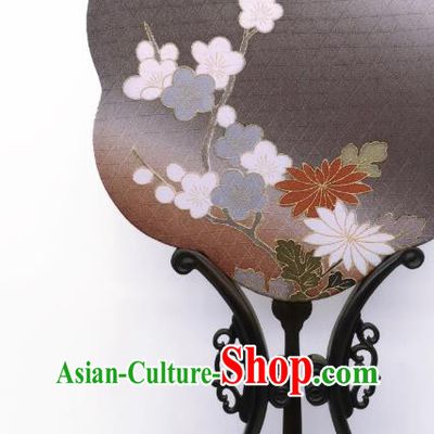 China Traditional Dance Grey Silk Fan Classical Hanfu Fans Hand Painting Plum Blossom Palace Fan