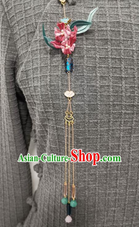 China Traditional Cheongsam Jade Brooch Accessories Handmade Pink Silk Orchids Lappet Pendant