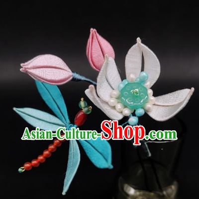 Chinese Handmade Hanfu Hair Accessories Traditional Hair Stick Ancient Princess Silk Lotus Dragonfly Hairpin