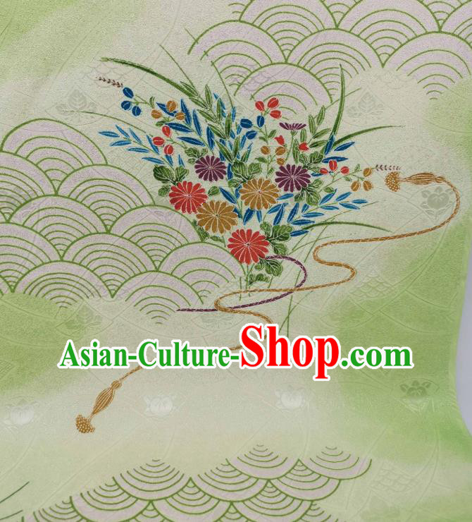 Asian Japan Classical Kimono Silk Fabric Traditional Japanese Printing Green Brocade Tapestry Asian Japan Classical Kimono Silk Fabric Traditional Japanese Printing Green Brocade Tapestry