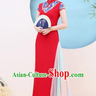 China Classical Dance Clothing Stage Performance Red Cheongsam Catwalks Stand Collar Qipao Dress