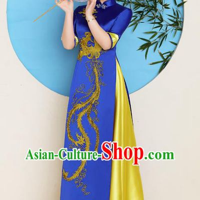 China Catwalks Royalblue Satin Qipao Dress Classical Dance Clothing Stage Performance Embroidery Golden Phoenix Cheongsam