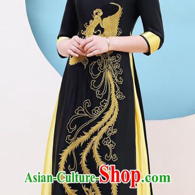 China Stage Performance Embroidery Golden Phoenix Cheongsam Catwalks Black Satin Qipao Dress Mother Clothing