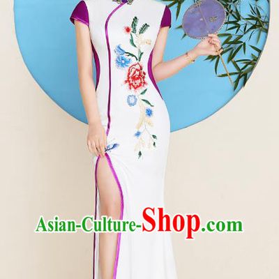 China Young Woman Clothing Stage Performance Embroidery Peony Cheongsam Catwalks Fishtail Qipao Dress