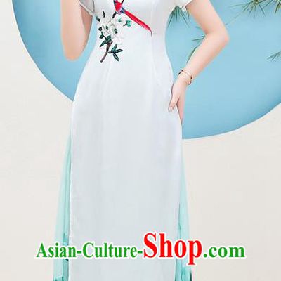 China Catwalks Printing Chiffon Qipao Dress Young Woman Clothing Stage Performance Embroidery Flower Bird Cheongsam